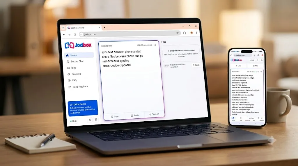 JodBox scratchpad syncing text between phone and laptop in real time